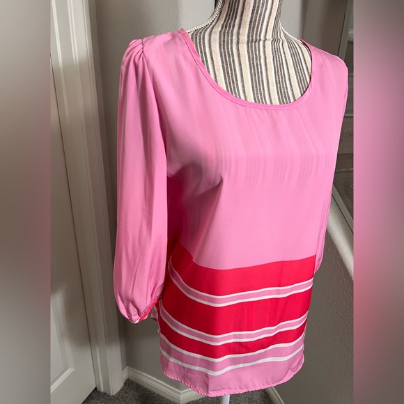 PEACH LOVE CALIFORNIA pink sheer 3/4 sleeve stripe curved high low blouse size S - Picture 3 of 10